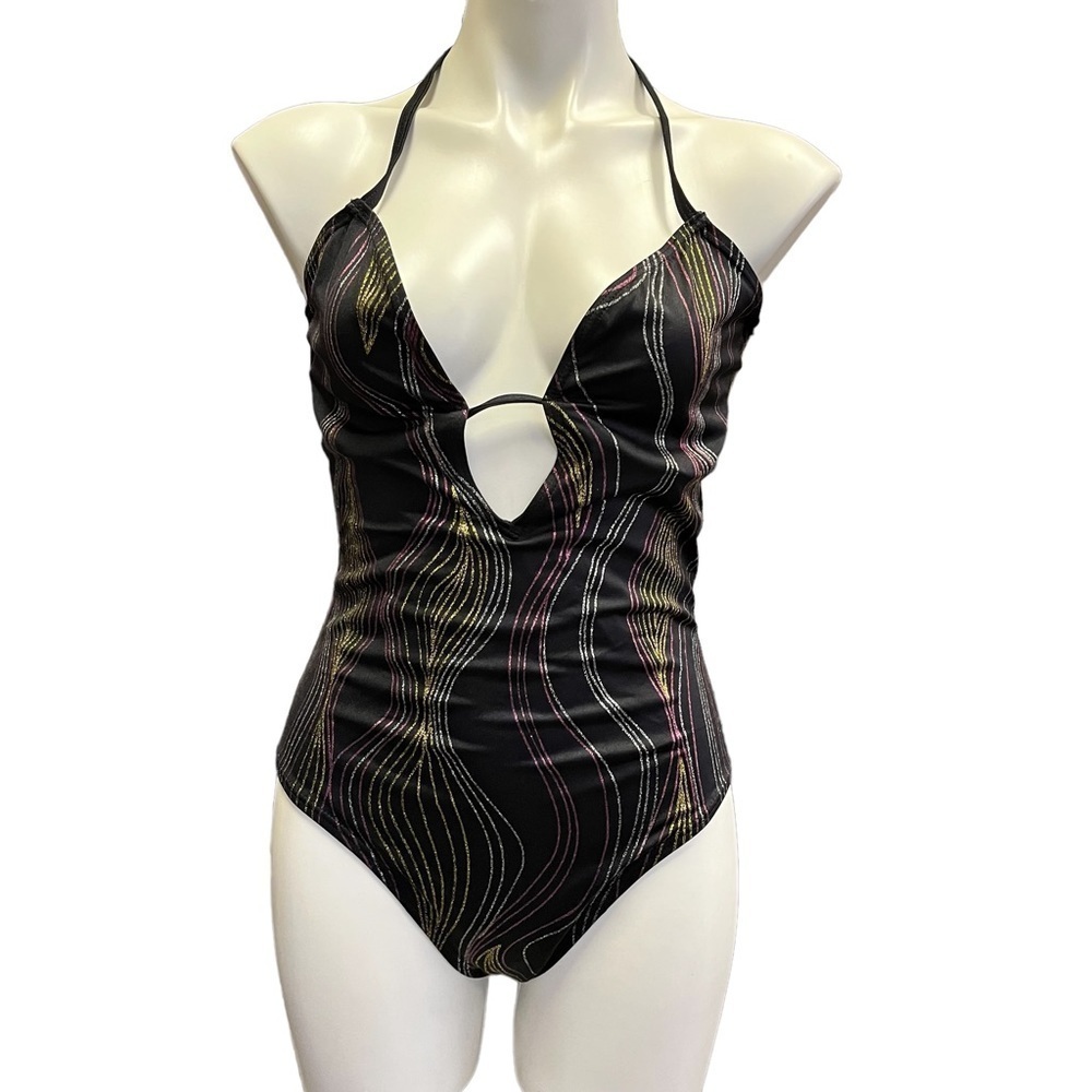 VINTAGE Black One Piece Swimsuit NWT 16 Glitter Cutouts Newport News